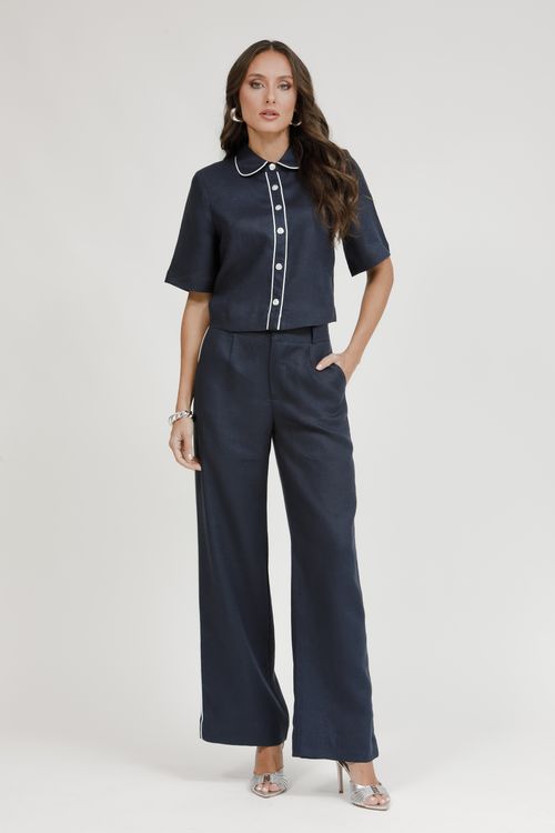 Camisa Cropped Puro Linho Com Vivos