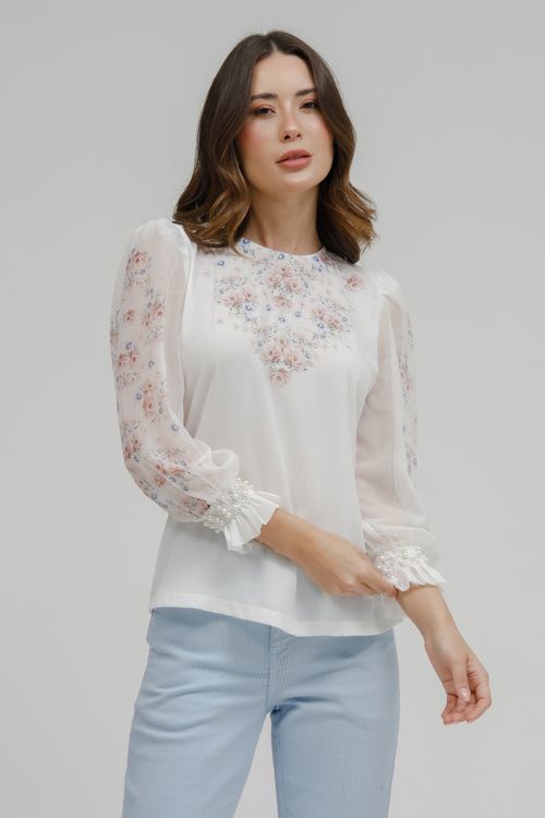 T-shirt Crepe E Malha Manga Longa Floral