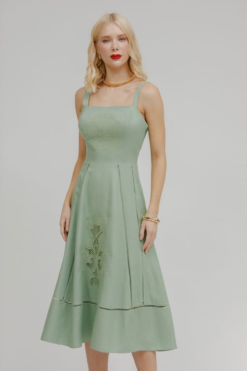 Vestido Midi Alça Linho Com Bordado