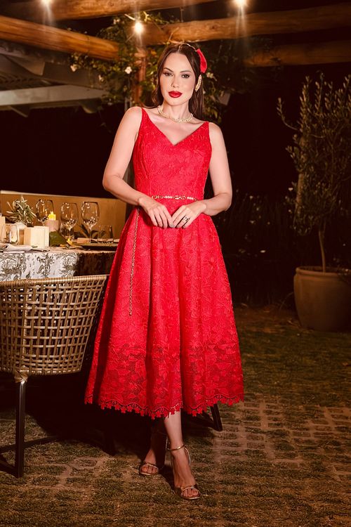 Vestido Midi Alça Guipure