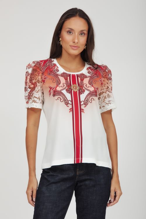 T-shirt Estampa Arabesco Manga Renda
