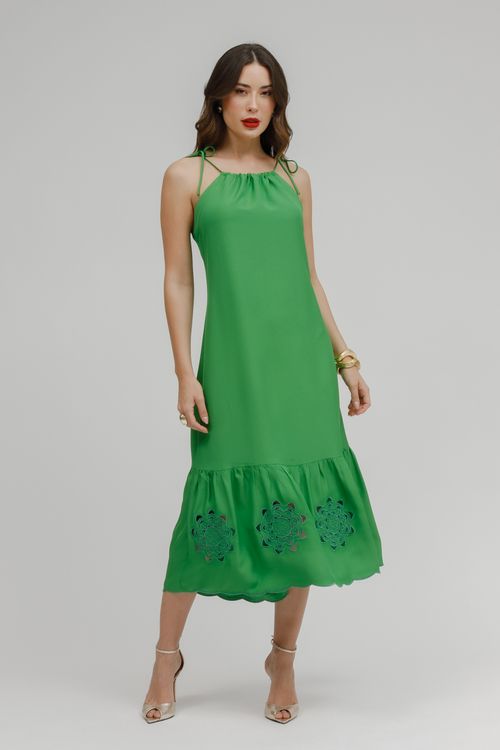 Vestido Midi Alça Com Babado Bordado