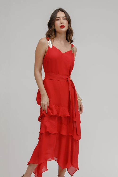 Vestido Longo Crepe Com Babados