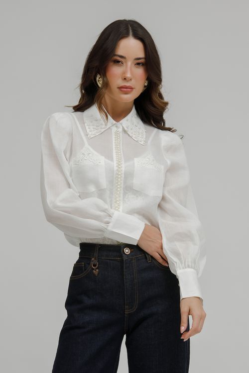 Camisa Feminina Bordado Pérola Combinete