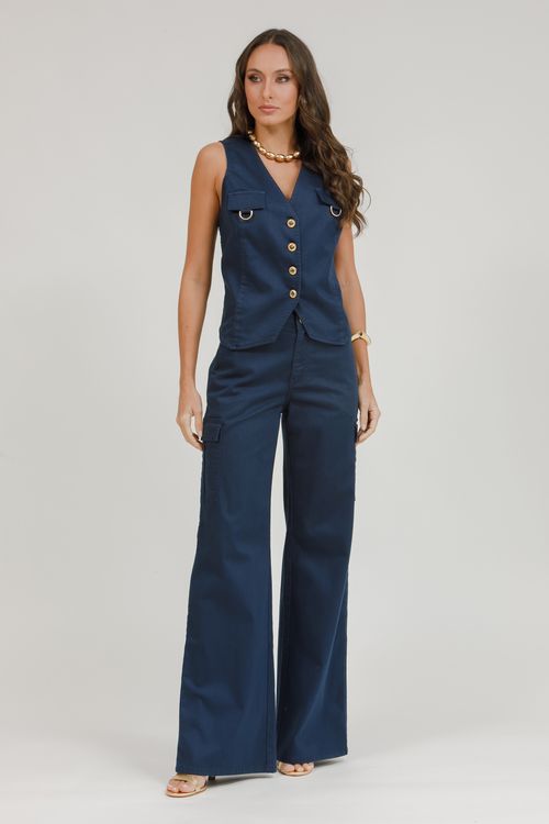 Calça Feminina Sarja Wide Leg Cargo