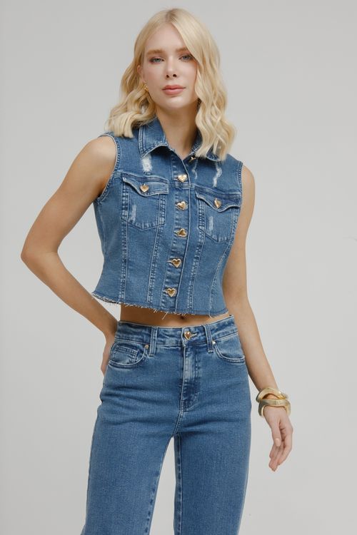 Colete Feminino Jeans Cropped Com Botões Em Coração - Jeans Médio
