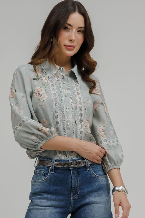 Camisa Viscose Estampada Com Rendas - Cinza