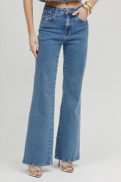 Calça Feminina Jeans Jana Flare Botão De Coração - Jeans Médio