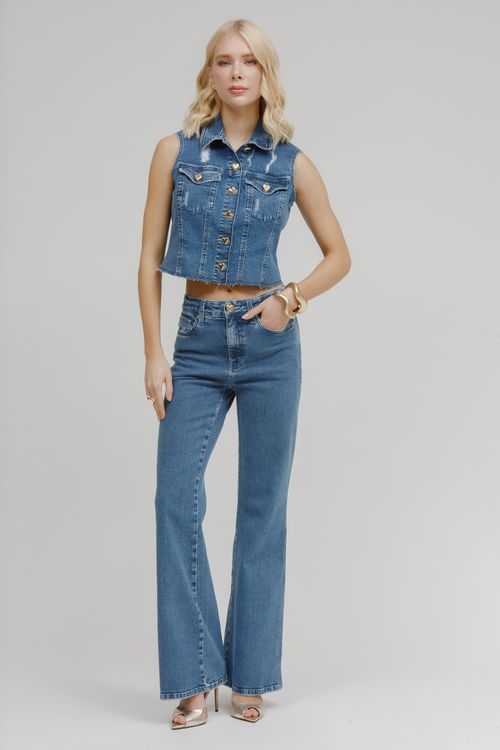 Calça Feminina Jeans Jana Flare Botão De Coração - Jeans Médio