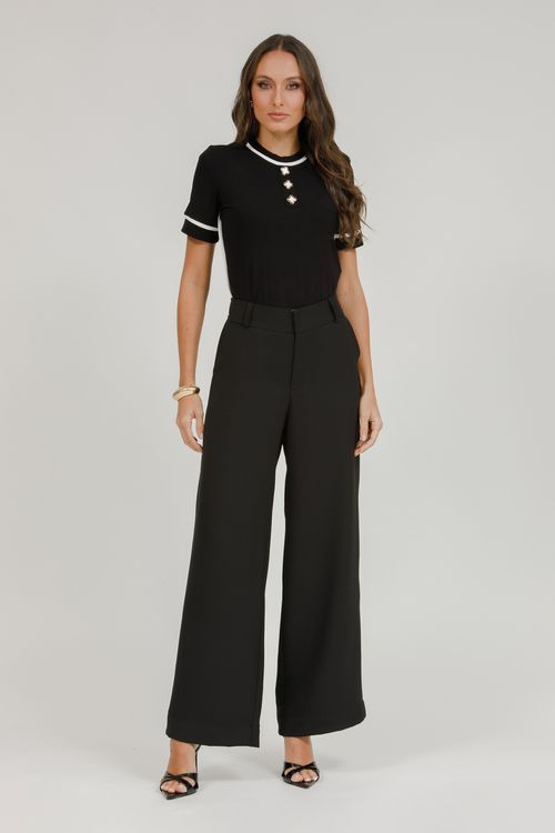 Blusa Malha Canelada Com Vivos E Botões - Preto / Off White