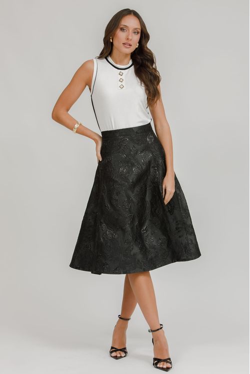 Regata Malha Canelada Com Vivo E Botões - Off White / Preto