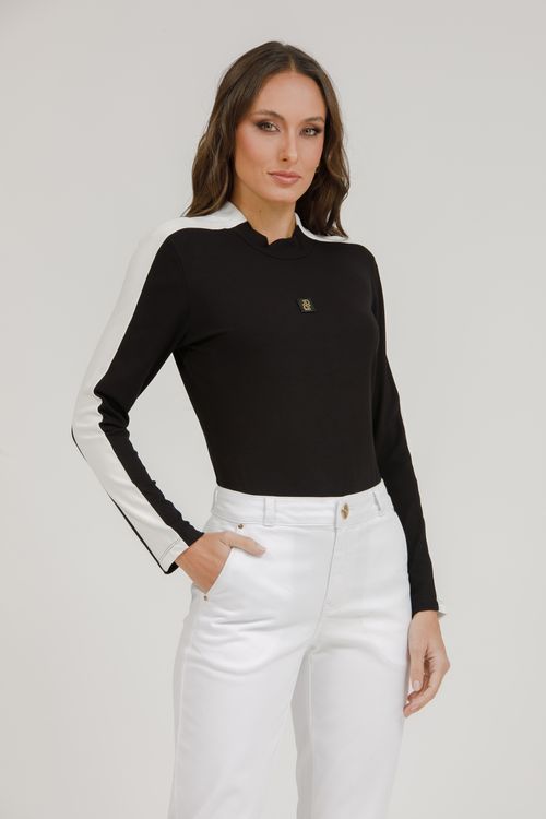 Blusa Malha Manga Longa Com Recortes - Preto / Off white