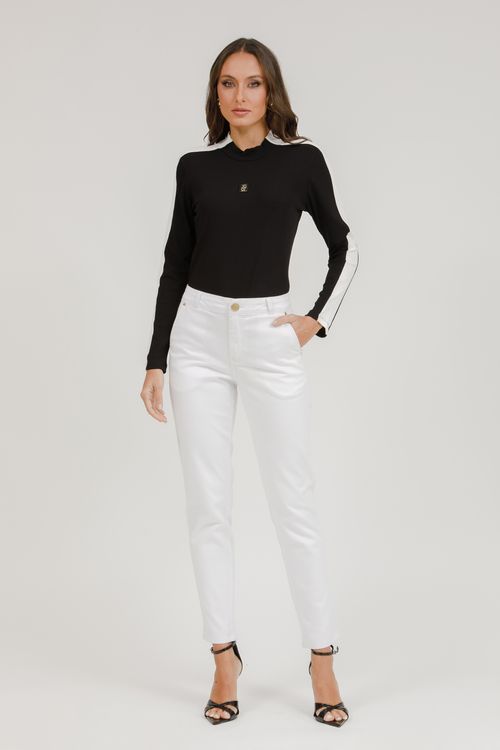 Blusa Malha Manga Longa Com Recortes - Preto / Off white