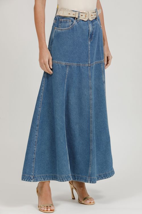 Saia Jeans Longa Com Nesgas E Cinto - Jeans Médio