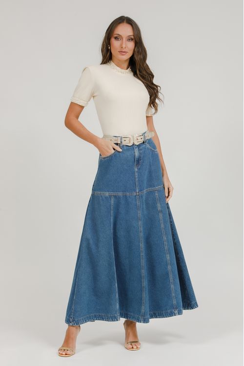 Saia Jeans Longa Com Nesgas E Cinto - Jeans Médio