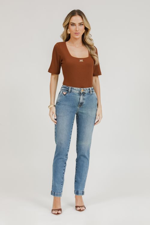 Blusa Malha Canelada Decote Quadrado - Marrom