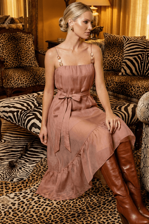 Vestido Alça Longo Mullet Com Babados - Marrom