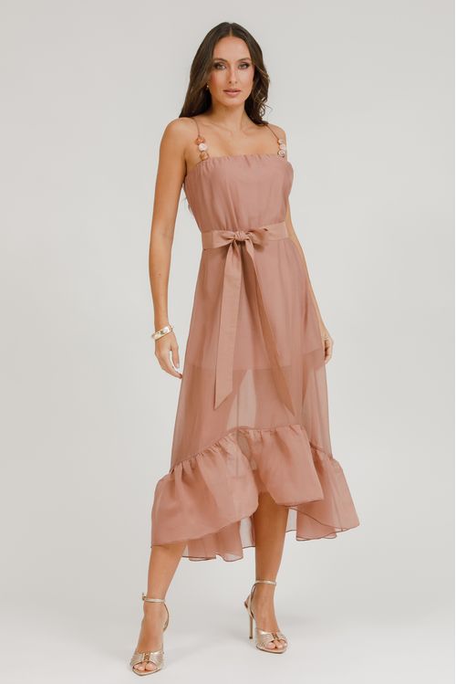 Vestido Alça Longo Mullet Com Babados - Marrom