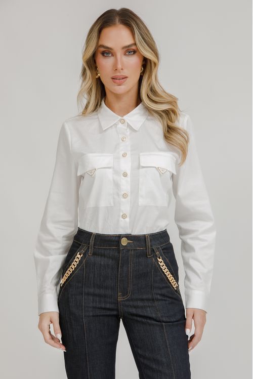 Camisa Feminina Tricoline Com Metal - Branco