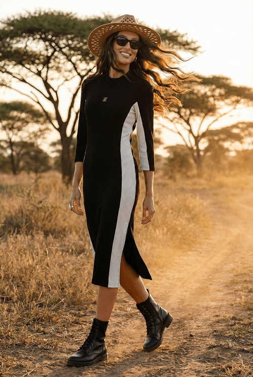 Vestido Midi De Malha Com Manga 3/4 - Preto