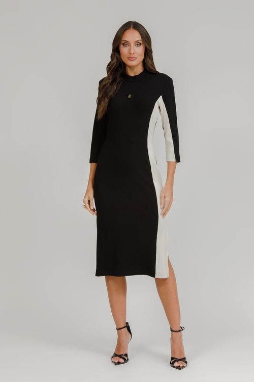 Vestido Midi De Malha Com Manga 3/4 - Preto