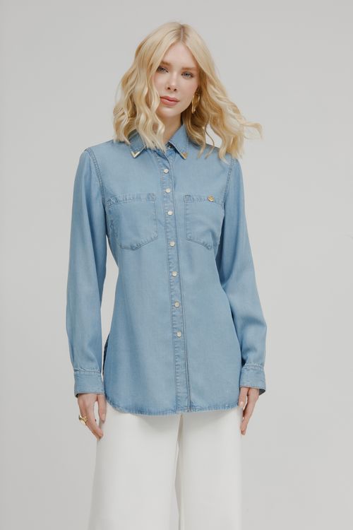 Camisa Feminina Jeans Manga Longa - Jeans Claro