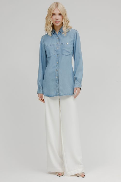 Camisa Feminina Jeans Manga Longa - Jeans Claro