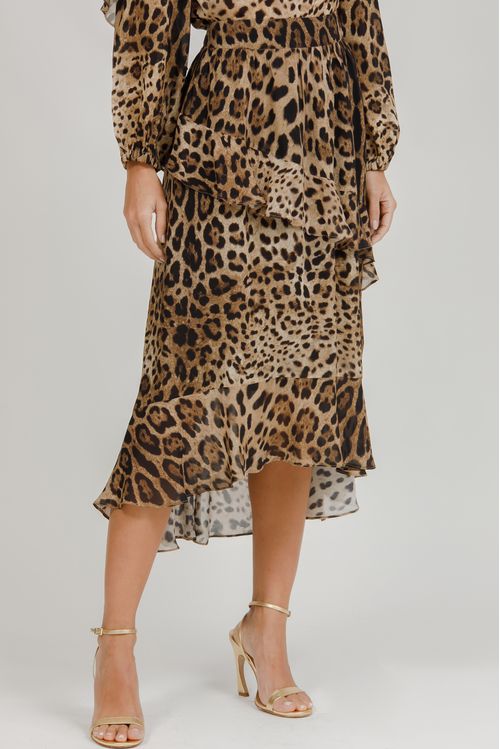 Saia Midi Boho Crepe Animal Print
