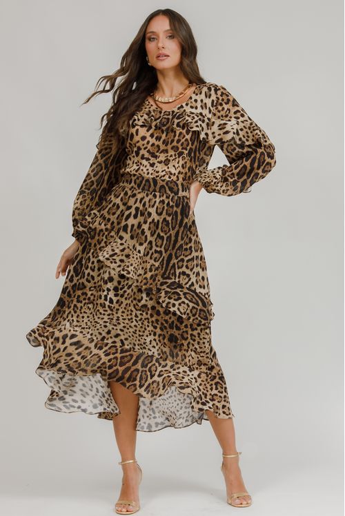 Saia Midi Boho Crepe Animal Print