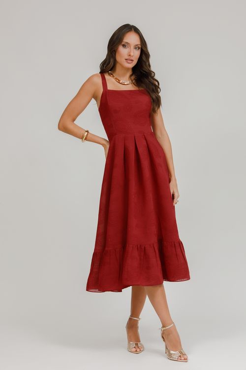 Vestido Midi Alça Jacquard Com Babados - Bordo
