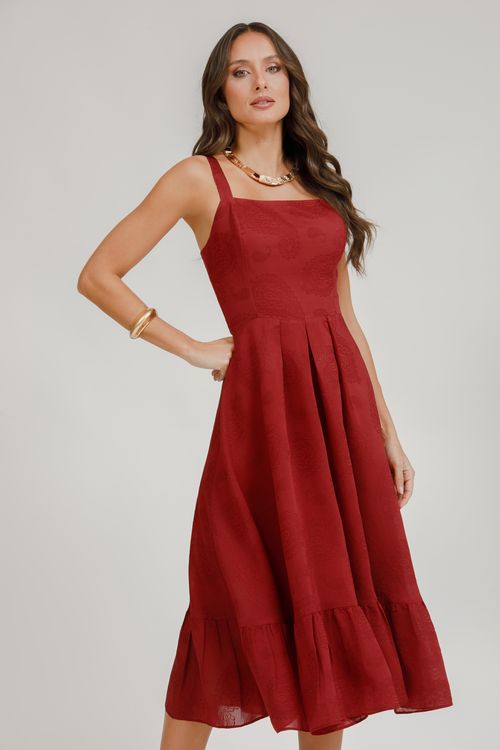 Vestido Midi Alça Jacquard Com Babados - Bordo