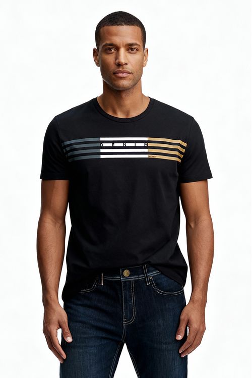Camiseta Masculina Malha Silk Listras - Preto