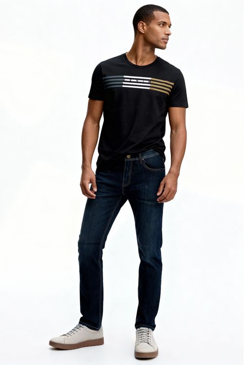 Camiseta Masculina Malha Silk Listras - Preto