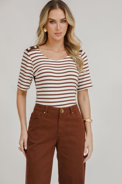 Blusa Malha Tricot Listrada Manga Curta - Listrada Marrom