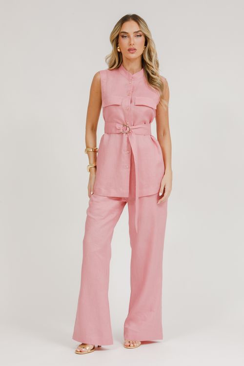 Camisa Cavada Linho Com Bolsos E Faixa - Rosa Seco