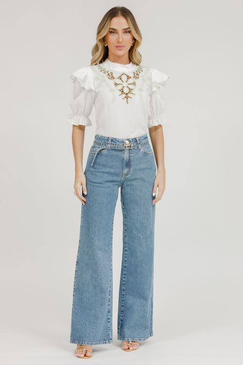 Calça Feminina Jeans Wide Leg - Jeans Claro