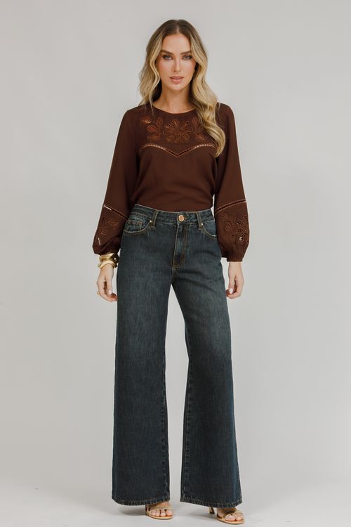 Calça Feminina Jeans Wide Leg - Jeans Escuro