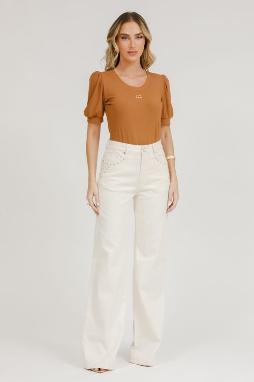 Calça Feminina Sarja Wide Leg - Natural