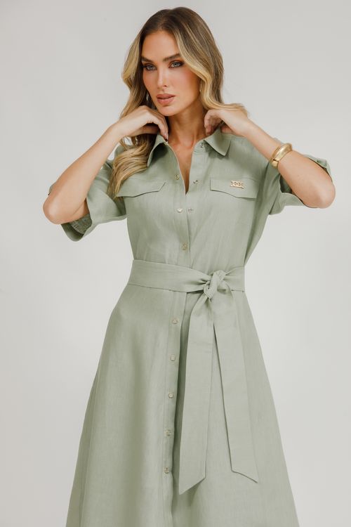 Chemise Midi Linho Com Faixa