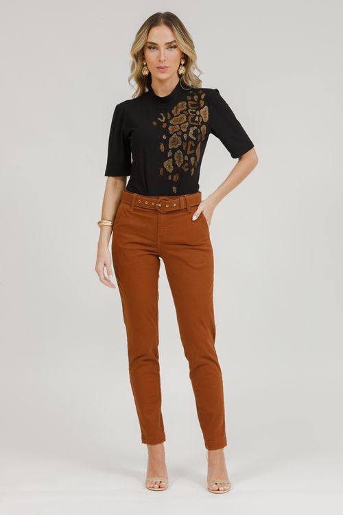 Blusa Malha Canelada Onça Com Cristais - Preto