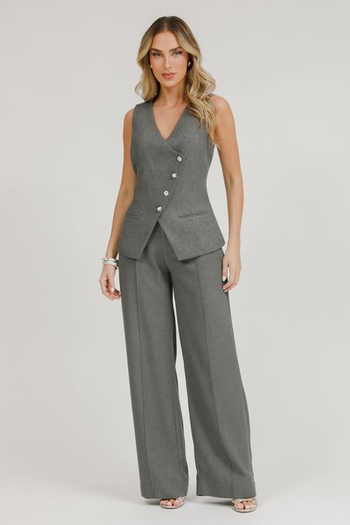Calça Wide Leg Alfaiataria Com Nervura - Cinza
