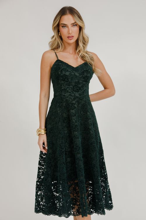 Vestido Midi Alça Godê Renda
