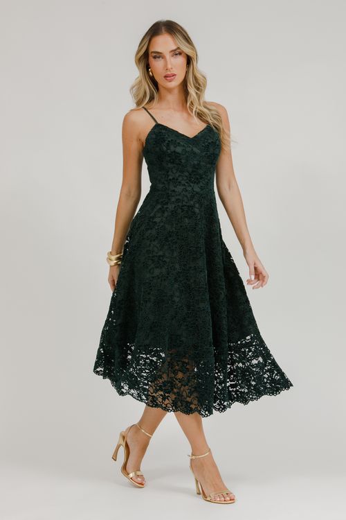 Vestido Midi Alça Godê Renda