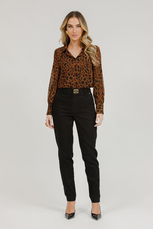 Camisa Feminina Animal Print Com Combinete De Renda - Marrom
