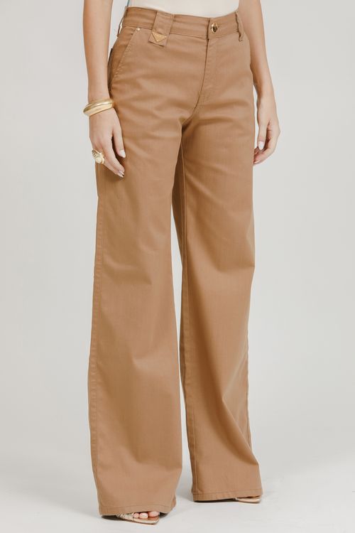 Calça Feminina Sarja Wide Leg - Bege Escuro