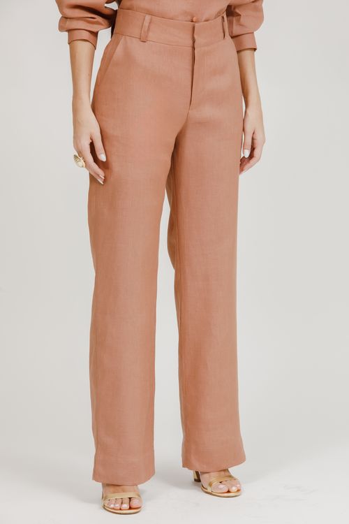 Calça Feminina Alfaiataria com Bordado - Bege Escuro