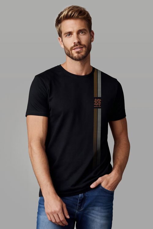 Camiseta Masculina Brasão E Listras Silk - Preto