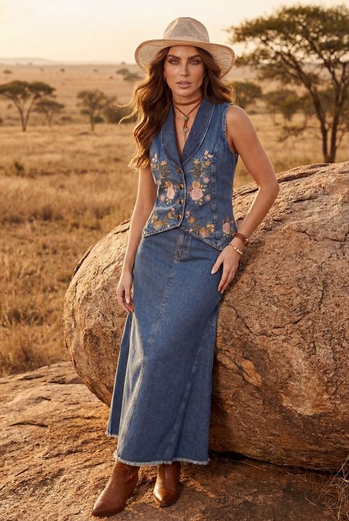 Colete Feminino Jeans Bordado - Jeans Médio
