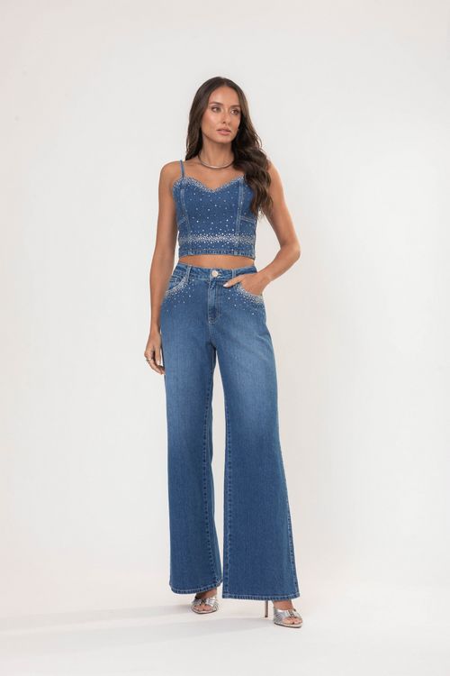 Calça Feminina Jeans Wide Leg - Jeans Médio