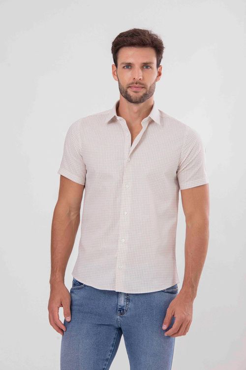 Camisa Masculina Slim Fit Manga Curta - Bege